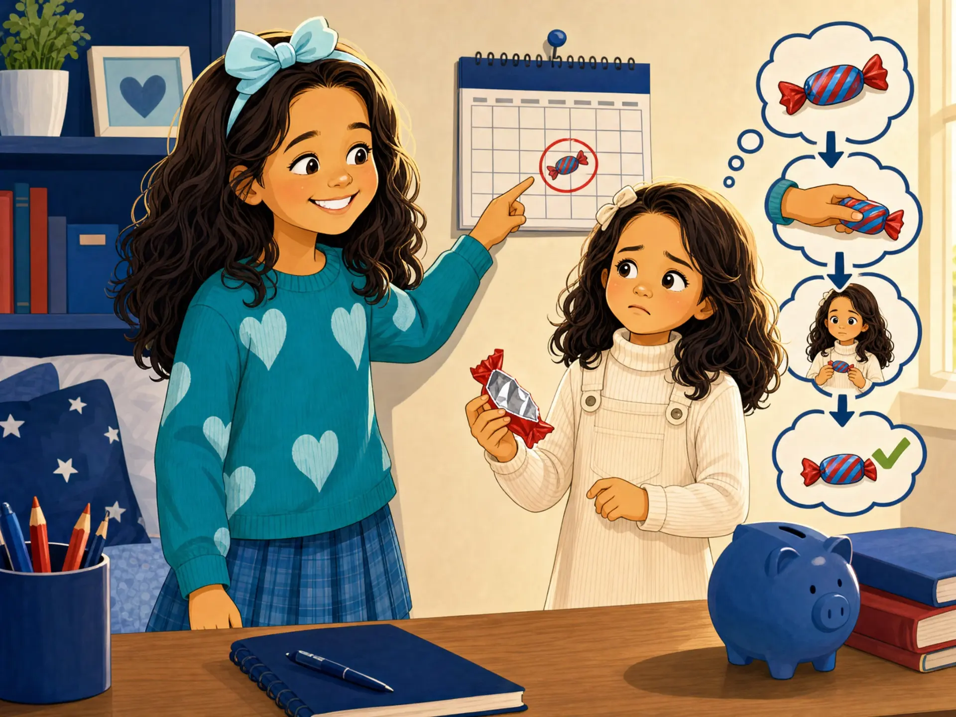 An older sister explaining waiting for a treat while pointing at a calendar