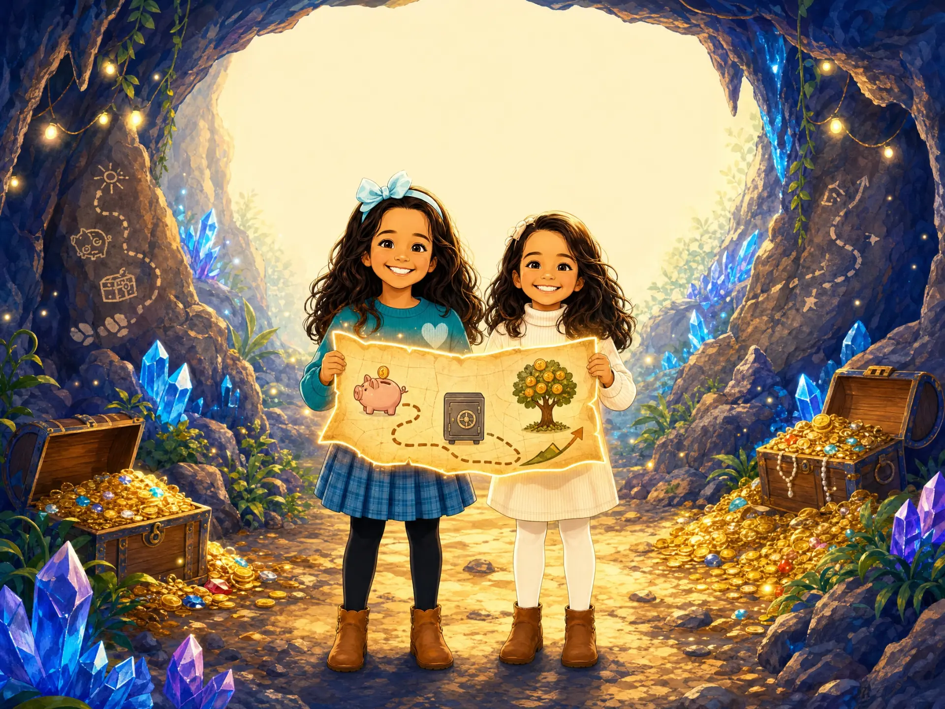 Two smiling girls holding a glowing treasure map with a piggy bank, a safe and a money tree