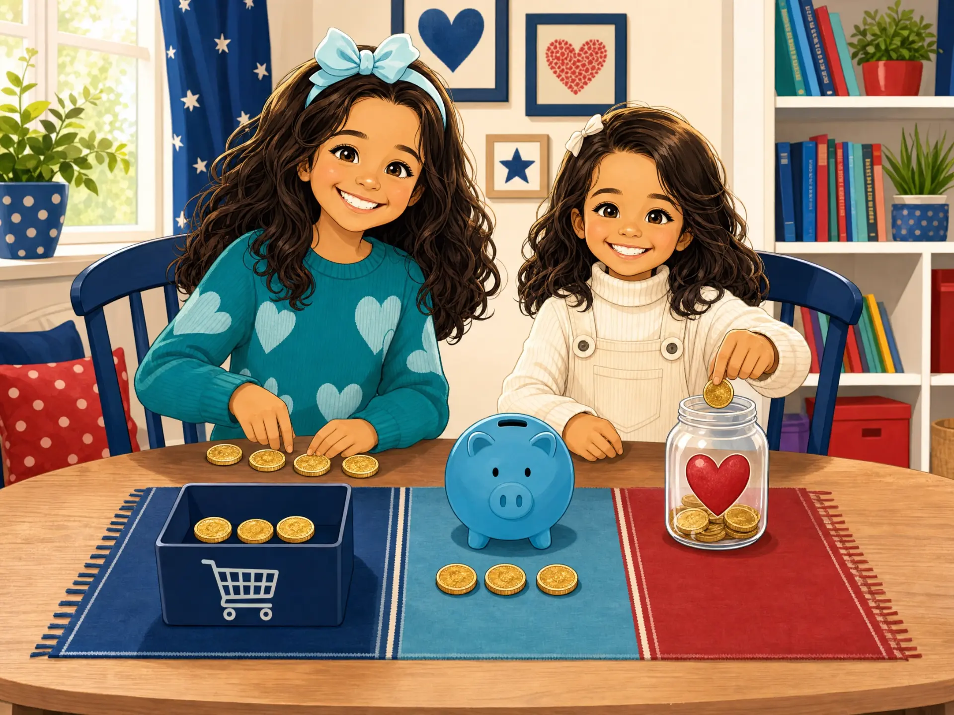 Two girls sorting coins at a table between a spend box, a piggy bank and a share jar