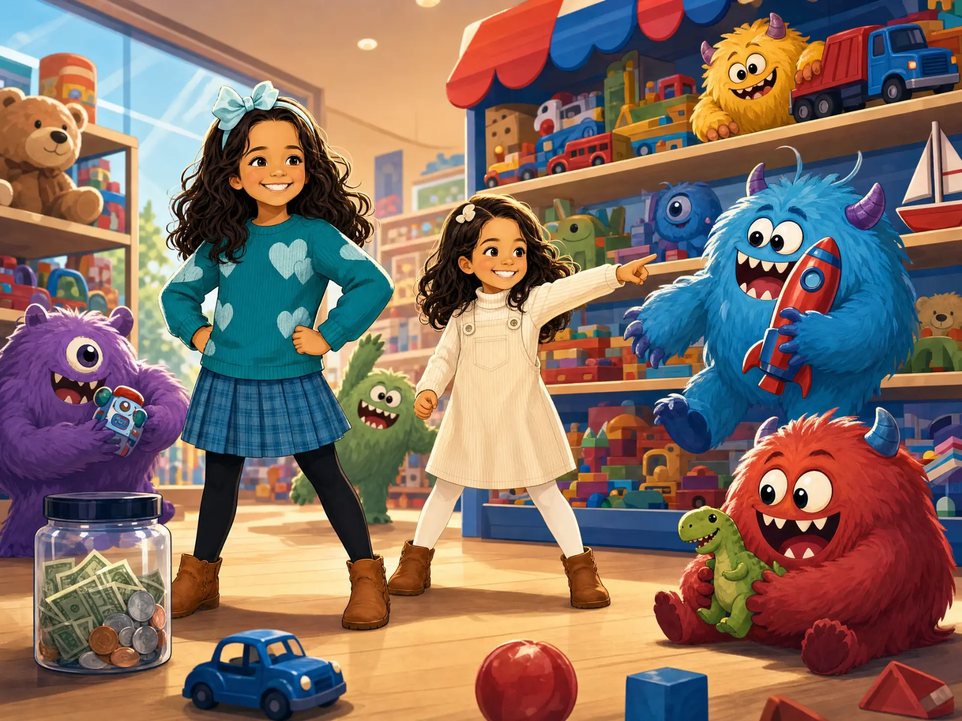 Two girls in a toy store deciding what to buy while friendly monsters hold toys