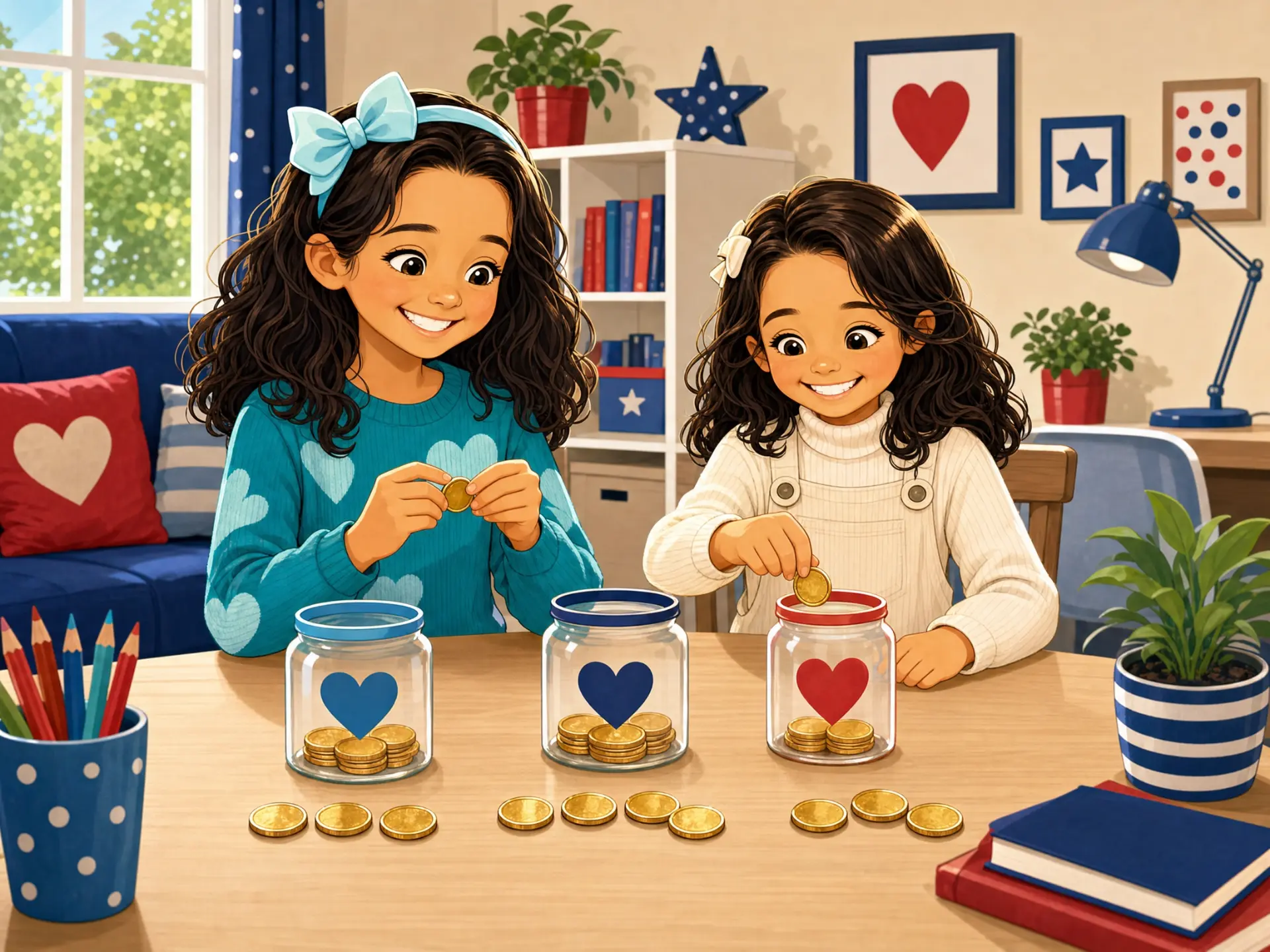 Two girls counting gold coins into three jars at a bright kitchen table