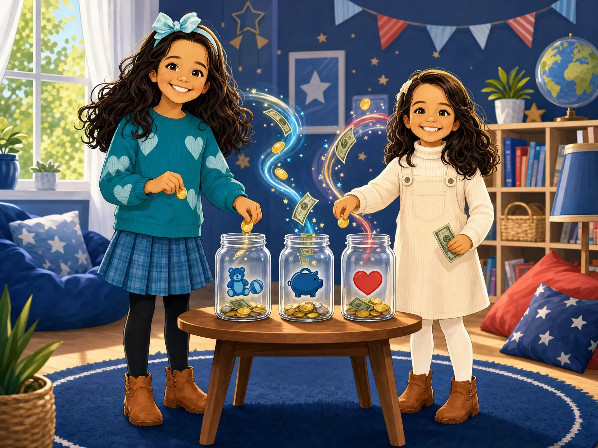 Two girls dropping coins into three labeled jars: spend, save and share