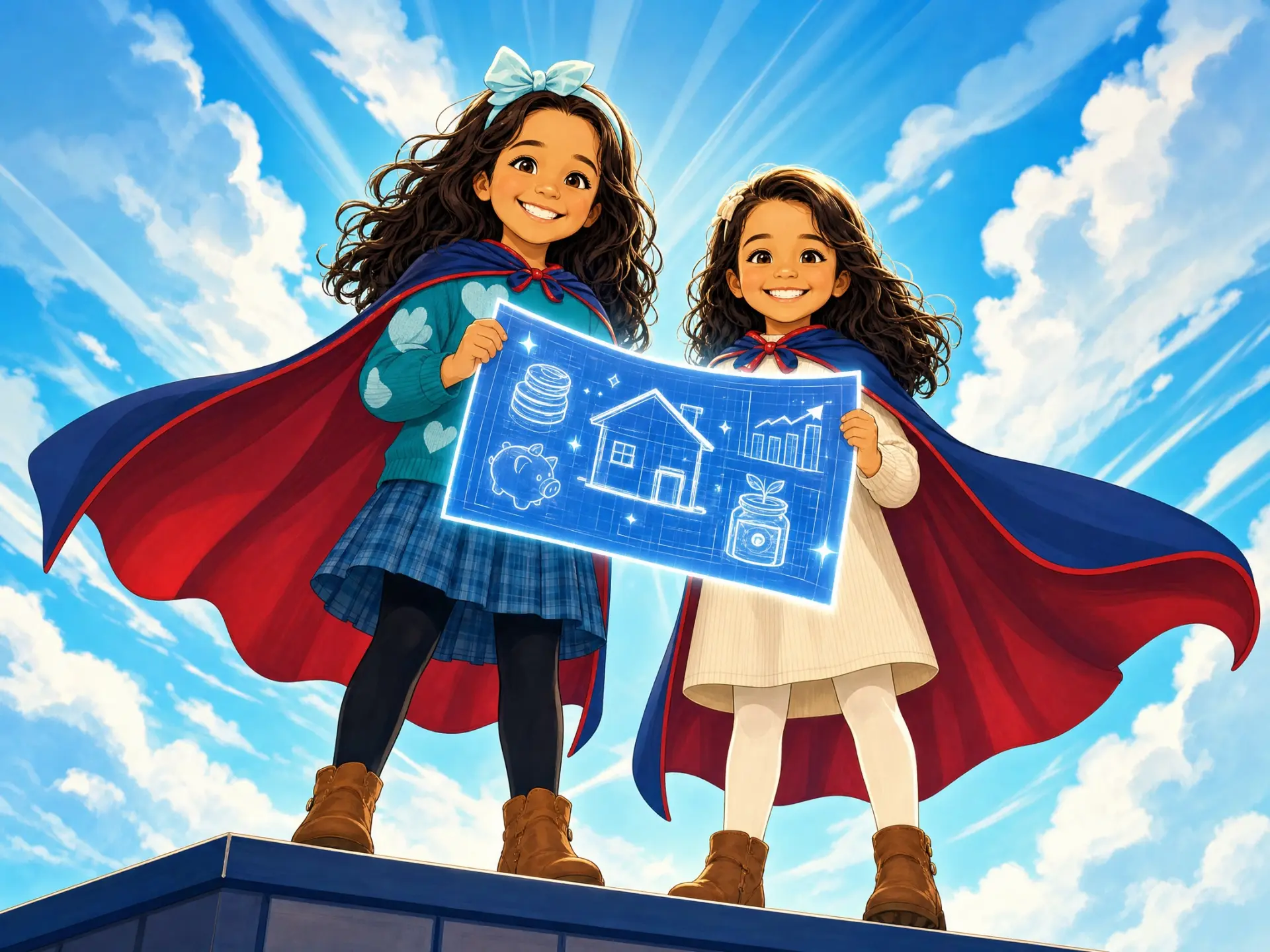 Two girls in capes holding a glowing money blueprint above the clouds