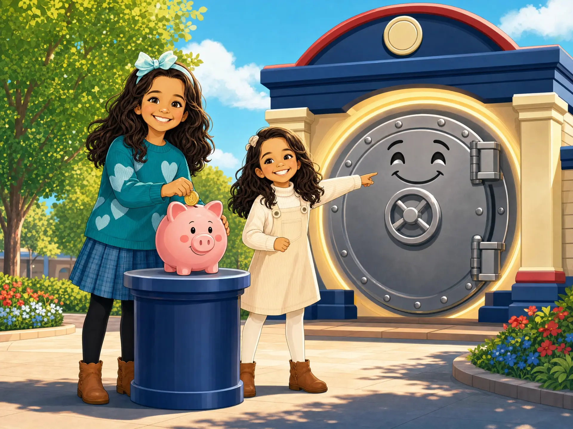 Two girls placing a coin in a piggy bank in front of a friendly bank vault
