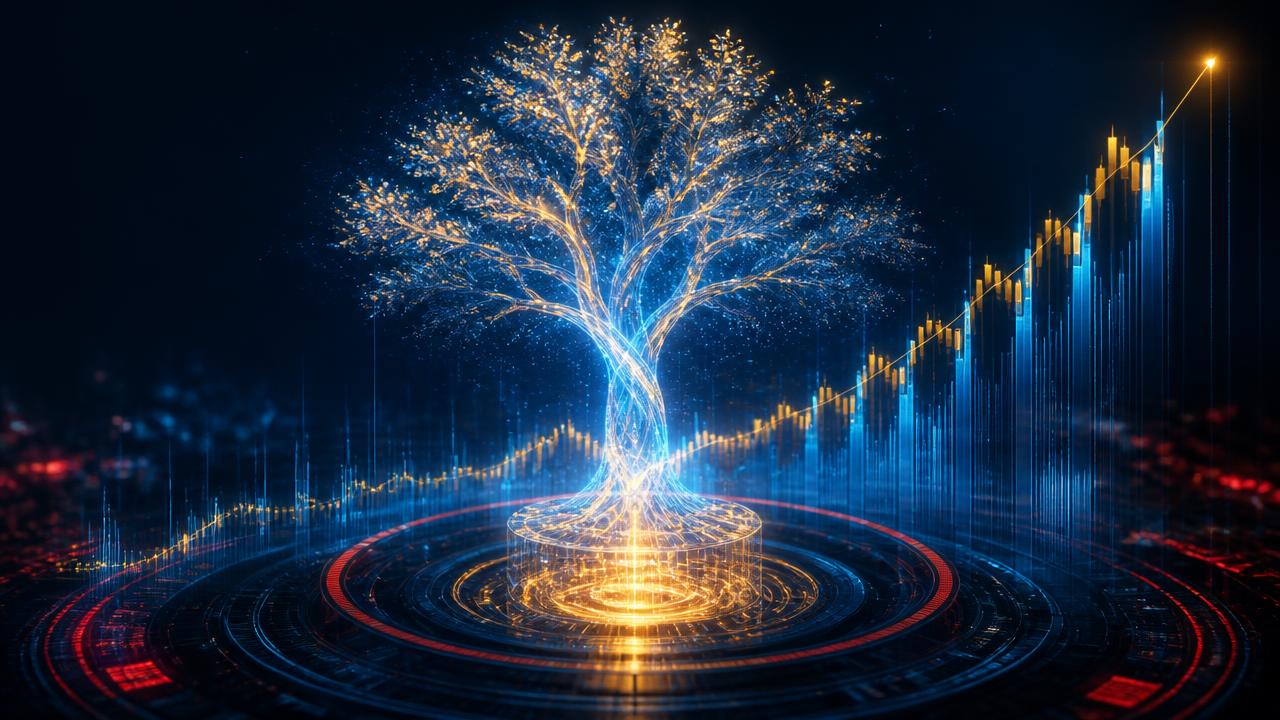 Glowing holographic tree of light above a rising growth chart