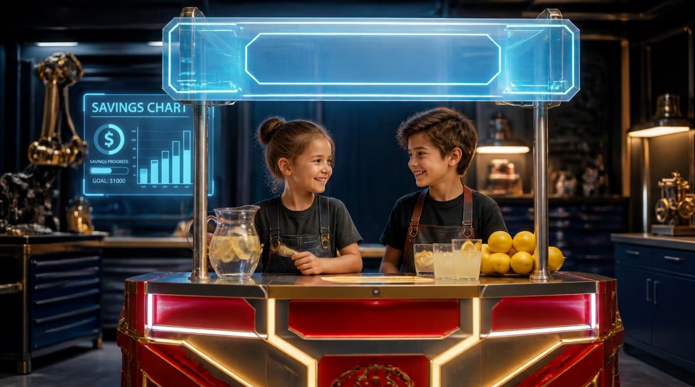 Kids running a red and gold high tech lemonade stand